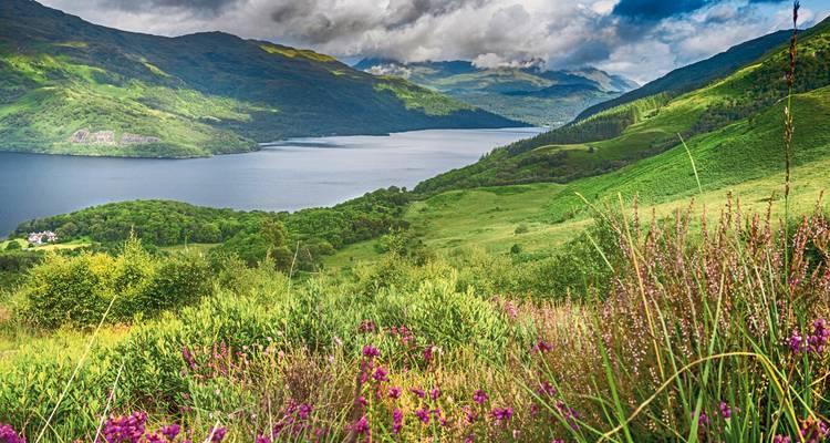 Scenic view of a lush valley with a loch in the distance.