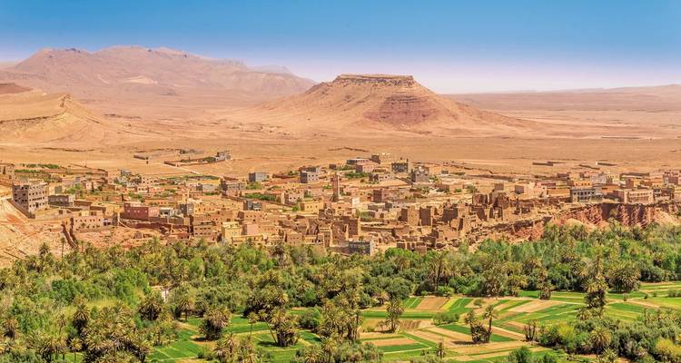 A desert town surrounded by a lush oasis.