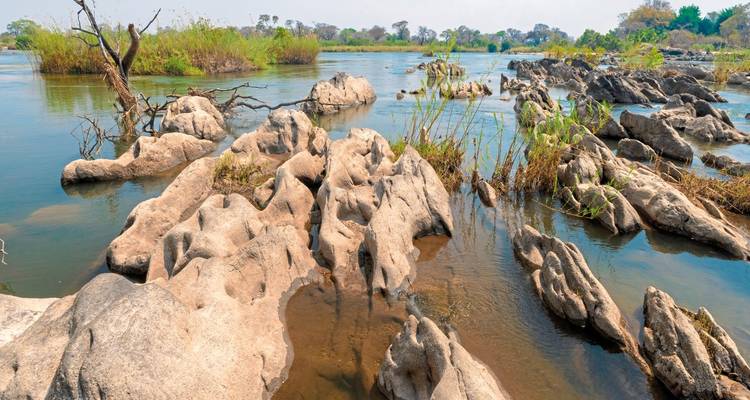 Felsige Flusslandschaft mit Stromschnellen und Büschen.