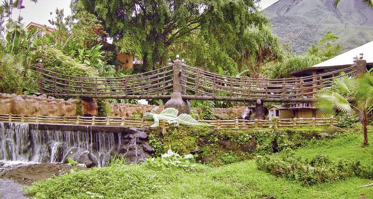 Wooden bridge over a stream with a volcanic mountain in the background.