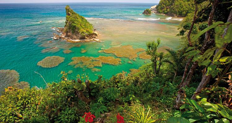 Tropical coastal view with crystal-clear waters and rocky outcroppings.