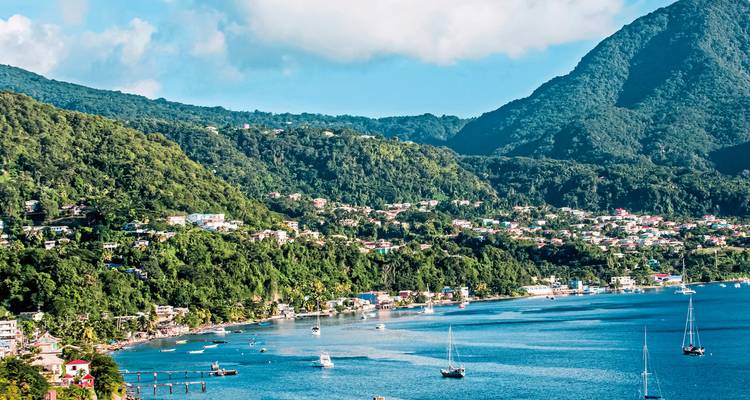 Lush coastal city surrounded by mountains and water with boats.