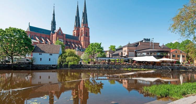 Uppsala Cathedral and adjacent buildings by the river.