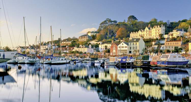 Uitzicht op een jachthaven met boten en charmante huizen.