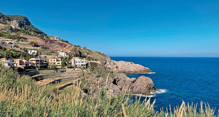 Vista costera con casas con vistas a una orilla rocosa.