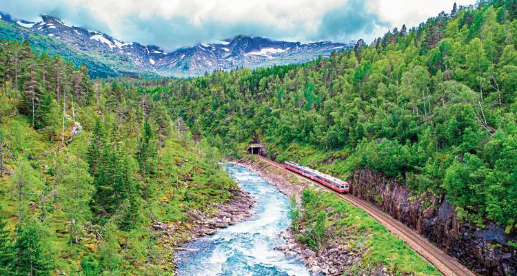 Train track beside a river flowing through a forested valley.