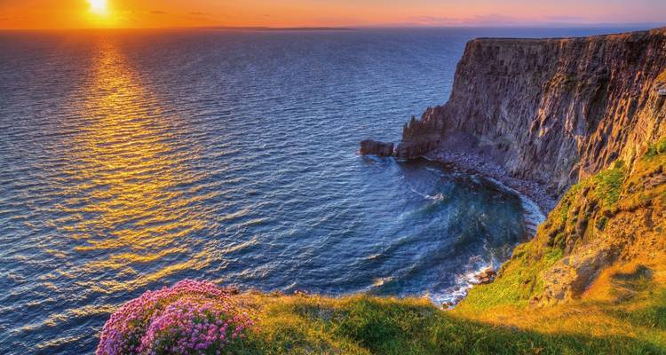 Dramatic sunset over the Atlantic at the Cliffs of Moher with sea pink flowers in the foreground.