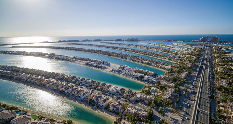 Luftaufnahme von Palm Jumeirah mit Luxushäusern und Wasserzugang.