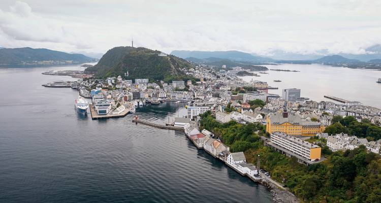 An aerial view of a coastal town with a large harbor and ships.