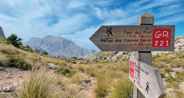 Hiking trail with signposts and distant mountains.