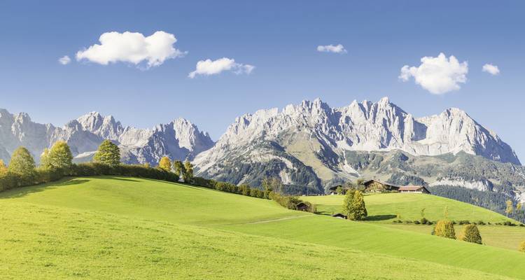 Mountainous landscape with green fields and a few trees.