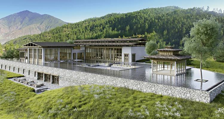 Zeitgenössische Lodge mit Wasserbecken inmitten eines bewaldeten Gebiets.