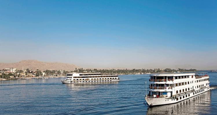Cruise ships sailing on a wide river with a city in the background.