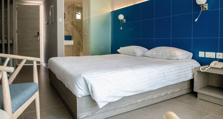 Moderne hotelkamer met een tweepersoonsbed en blauwe muurdecoratie.