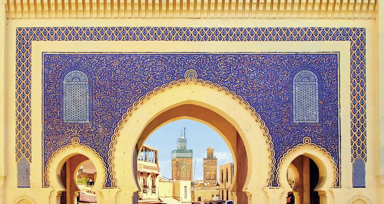 Sierlijk versierde boog met minaretten op de achtergrond.