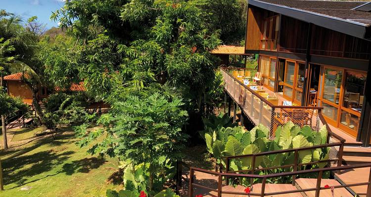 A wooden building in a lush green garden with an elevated deck and outdoor seating.