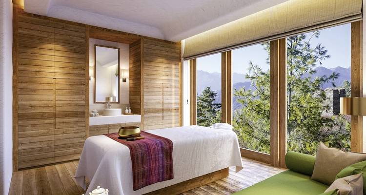 Spa-Raum mit Naturblick, Holzdesign und ruhiger Atmosphäre.