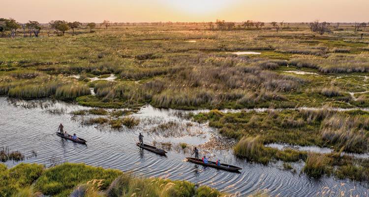 Canoës dans un cours d'eau au coucher du soleil, vue aérienne.