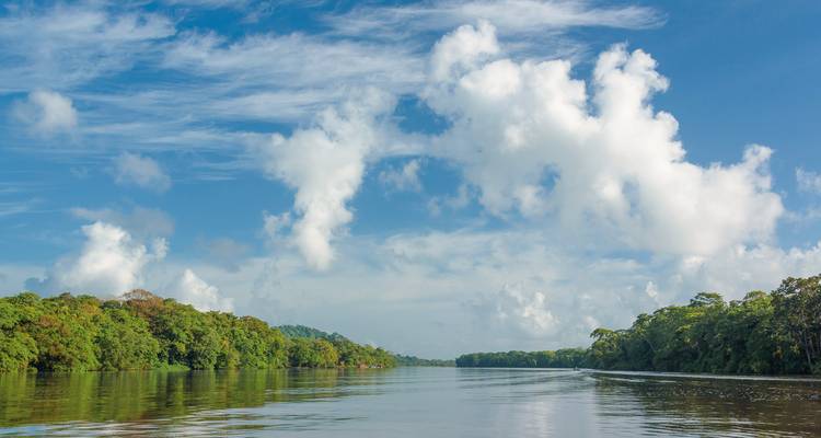 Wide river with lush jungle on both sides and a blue sky.