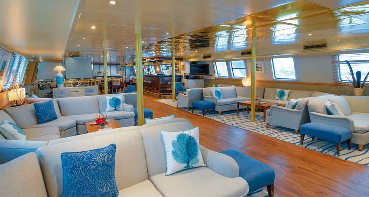 Grote loungeruimte met meerdere zitarrangementen op een schip.