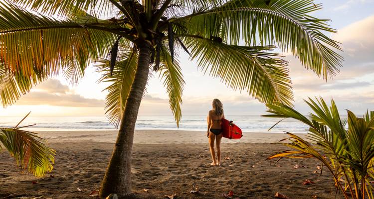 Eine Frau mit einem Surfbrett steht bei Sonnenaufgang an einem Sandstrand.