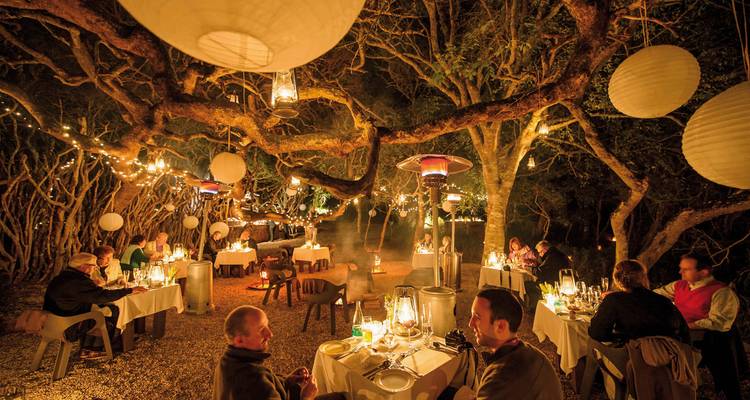 Ein Essbereich im Freien mit Menschen, die unter Lichterketten eine Mahlzeit genießen.