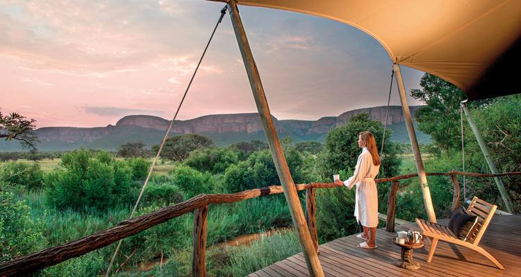 Une femme profitant d'une vue paisible sur la savane depuis une terrasse.