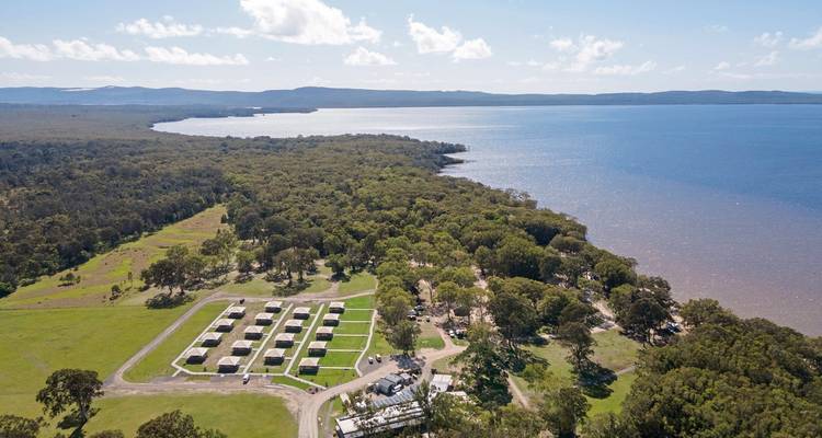 Vista aérea de una zona costera con una mezcla de bosque y agua.
