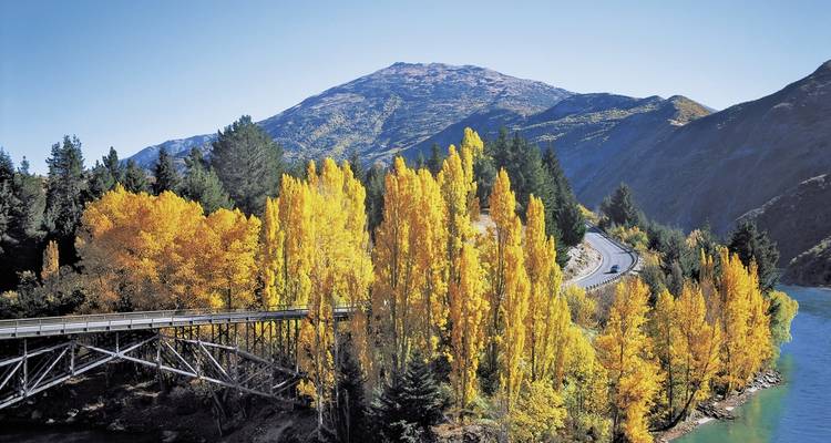 A river with an arched bridge and autumn trees.