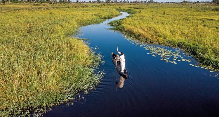 Person in a canoe on a narrow river, surrounded by tall grass.