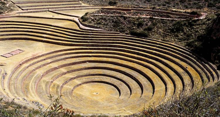 Terrassierte kreisförmige landwirtschaftliche Formationen in einem Tal.