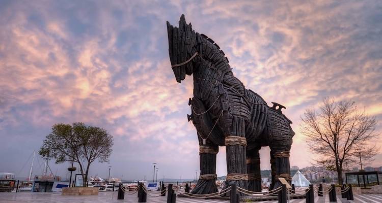 Replica of the Trojan Horse with a dramatic sky.
