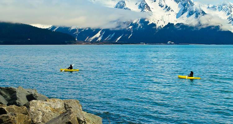 Dos kayakistas reman en botes amarillo brillante en una bahía turquesa bajo montañas costeras nevadas.