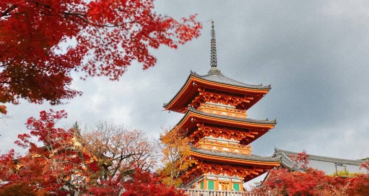 Pagode encadrée par des feuilles d'automne rouge vif sous un ciel gris morose à Kyoto