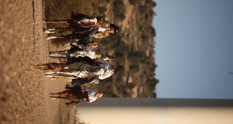 Gruppe von Menschen zu Pferd, die auf einem Feldweg reiten.