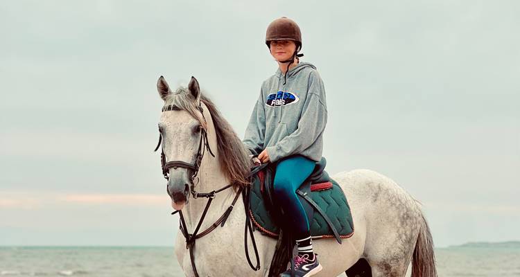 Person zu Pferd am Meer mit Helm.