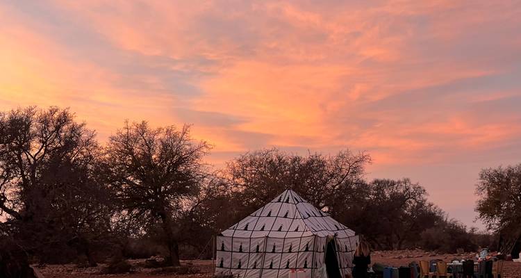 Zelt aufgebaut unter einem farbenfrohen Sonnenuntergang mit Bäumen rundherum.