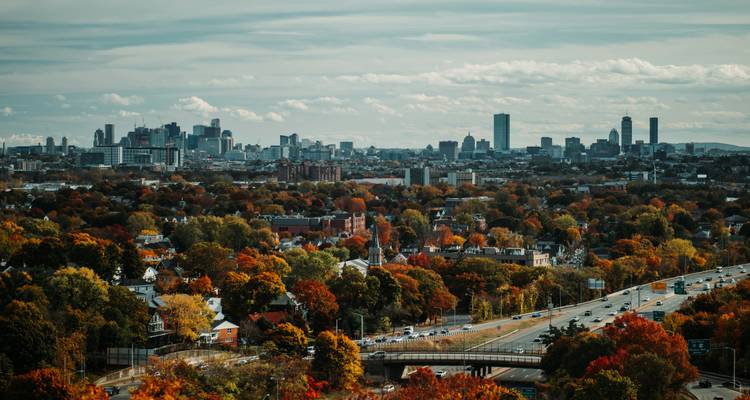 Cityscape view with autumn foliage and a clear skyline.
