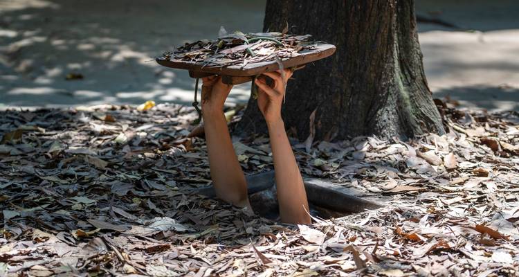 Handen die tevoorschijn komen uit een opening in de grond bedekt met bladeren.