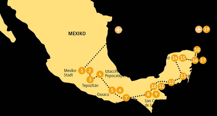 Mapa de México con varios destinos de viaje marcados.
