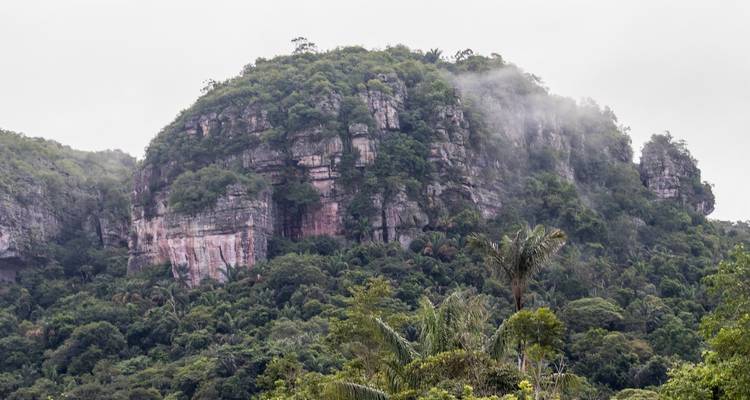 A lush mountain with mist hovering over the forest.