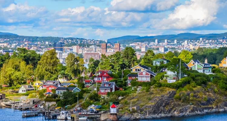 Colorful houses on an island with a city skyline in the background under a blue sky.