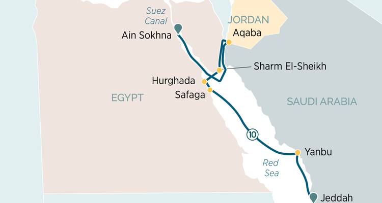 Route map of cruise ports along the Red Sea from Egypt to Saudi Arabia and Jordan