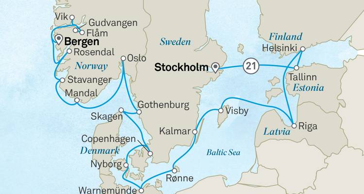 Carte montrant les destinations en Europe du Nord, notamment Stockholm et Bergen.