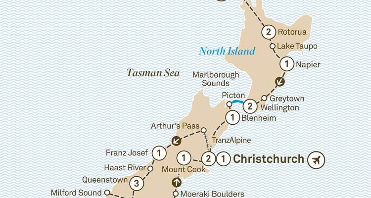 Karte von Neuseeland mit Angabe verschiedener Orte und Routen.
