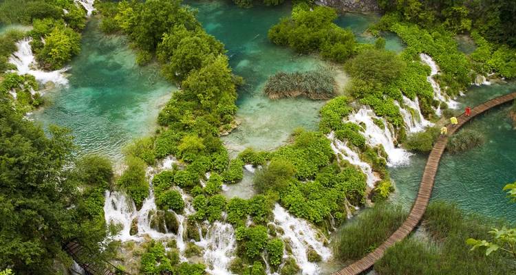 Des cascades verdoyantes se déversant dans des bassins turquoise avec un sentier en bois sinueux aux Lacs de Plitvice.