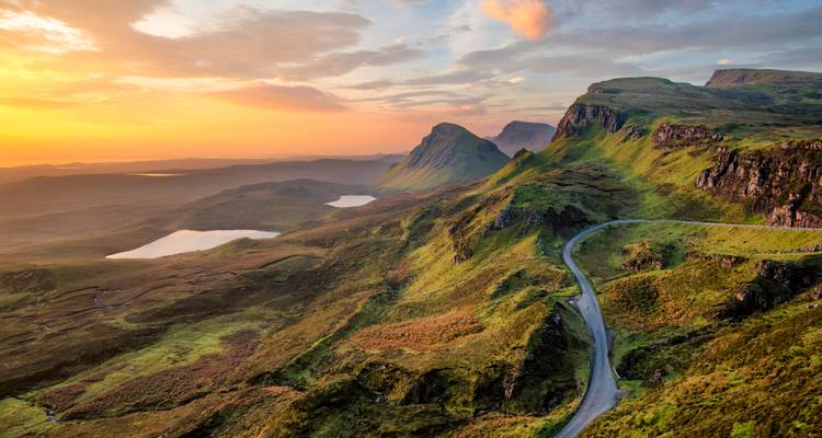 The Quiraing landscape on the Isle of Skye, Scotland, at sunset.