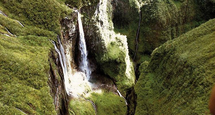 A dramatic waterfall plunges into a lush green volcanic canyon seen from above.
