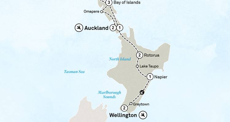 Carte stylisée de l'itinéraire de l'Île du Nord de la Nouvelle-Zélande mettant en évidence les villes et les routes de voyage