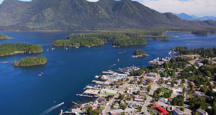 Panorama aérien de la ville de Tofino et des baies, îles et montagnes forestières environnantes sur l'île de Vancouver.